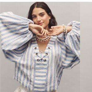 NWT Anthropologie Striped Linen Dolman Lace-Up Blue and White Women's Top - Med
